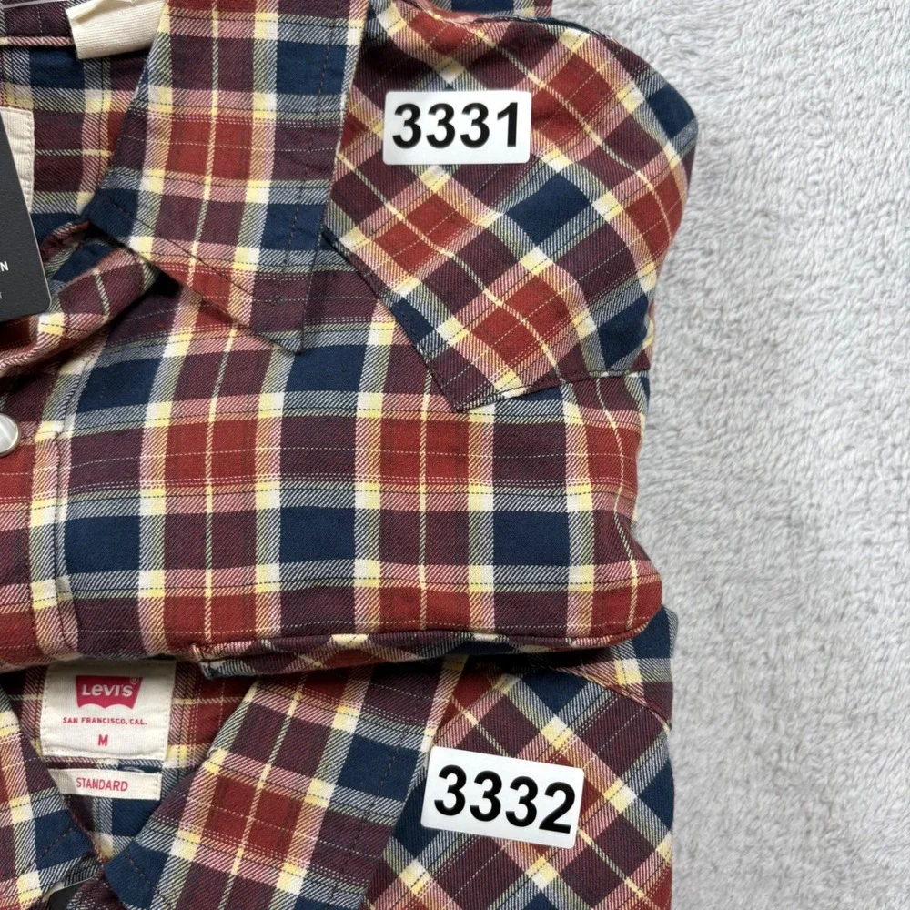 Levis Mens Western Standard Fit Plaid Shirt Burgundy Navy Pearl Snap Size Medium
